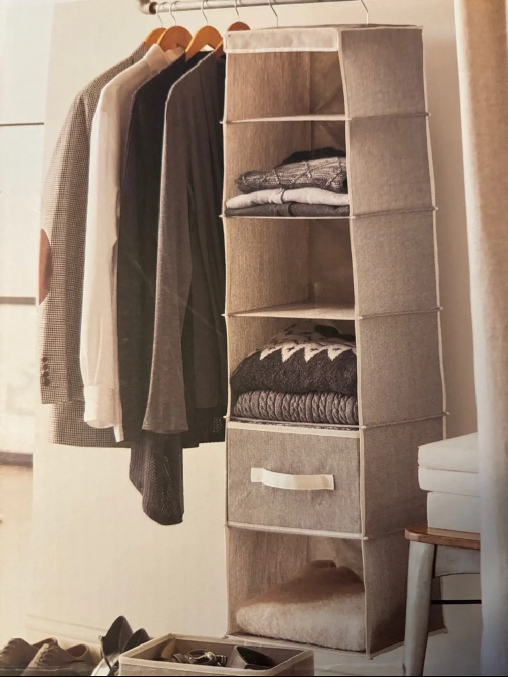 SONOMA Beige Hanging Closet Shelf Organizer with Front Handles